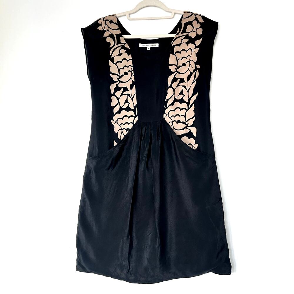 Diane von Furstenberg Black Tan Floral 100% Silk Dress Size 6 Sleeveless Pockets